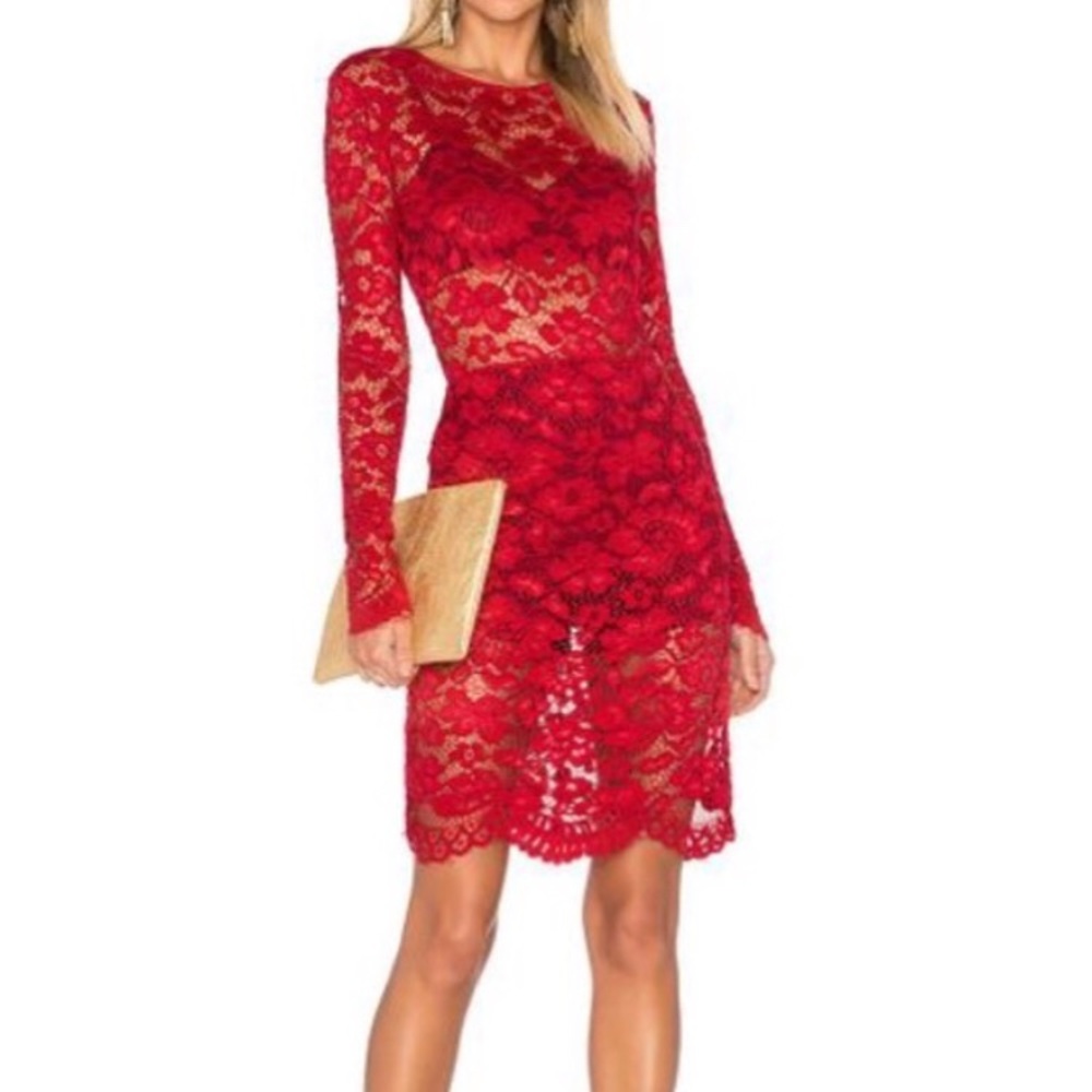 Red Lace Fitted Midi Dress by Lovers + Friends